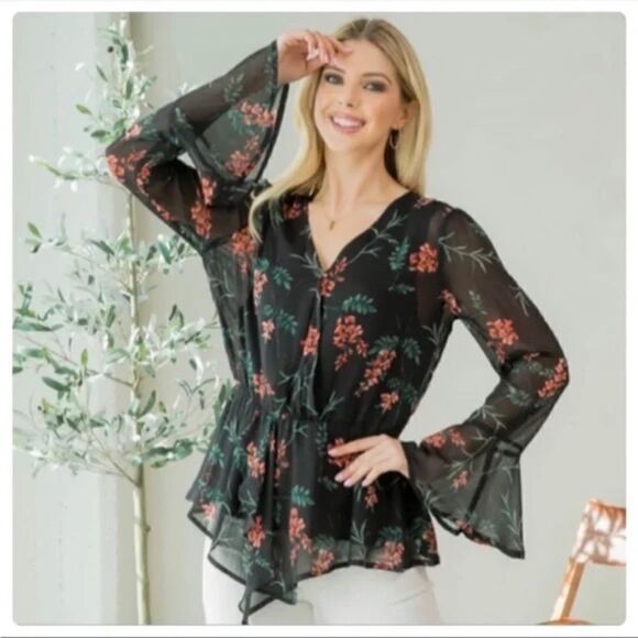 Black Floral Print Chiffon V-Neck Bell Sleeve Blouse - Picture 1 of 6
